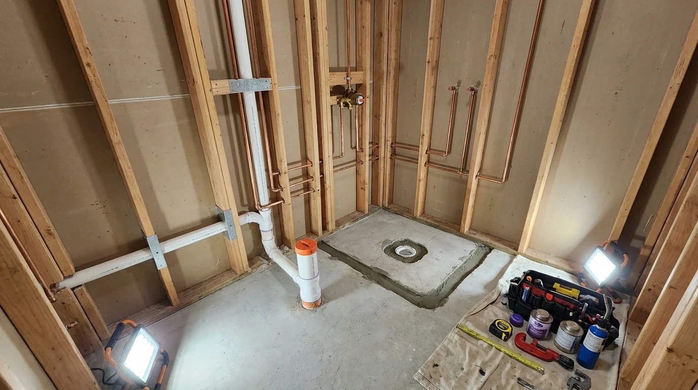 Bathroom rough-in plumbing during remodel by Johns Plumbing LLC in Evansville