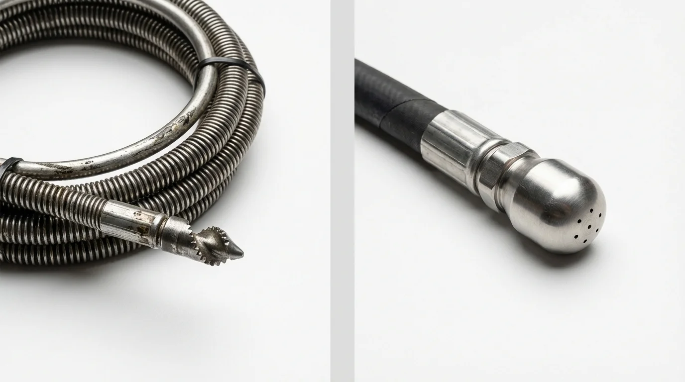 Drain snake cable and hydro jetting nozzle used for drain cleaning in Evansville, IN