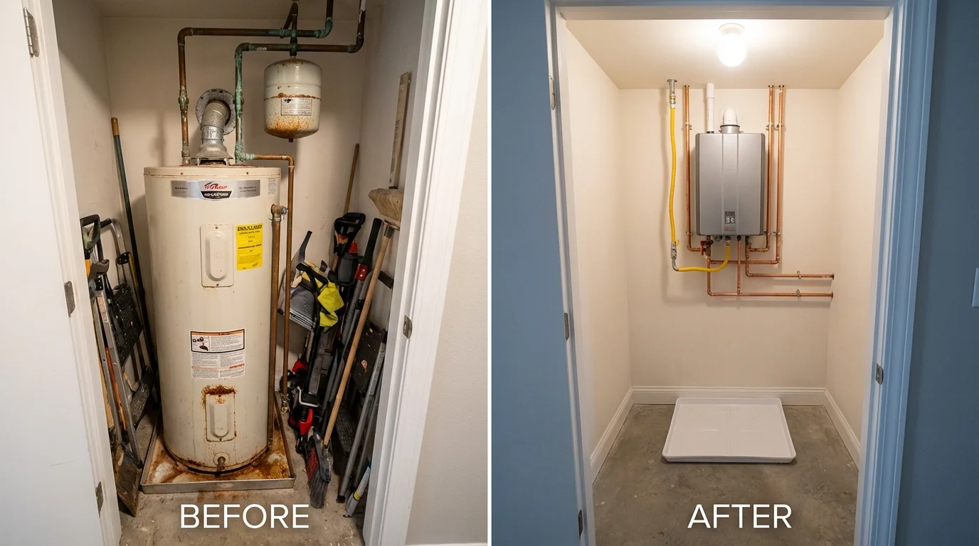 Tank water heater versus wall-mounted tankless unit comparison for Evansville, IN homeowners