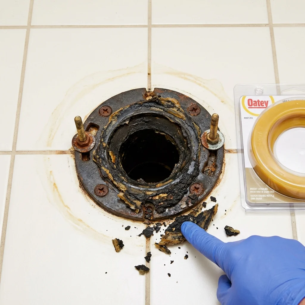 Failed wax ring showing water seepage at the base of a toilet in a Evansville, IN home