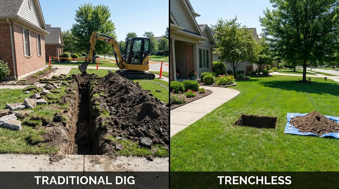 Trenchless sewer repair with minimal yard damage versus traditional excavation in Evansville, IN