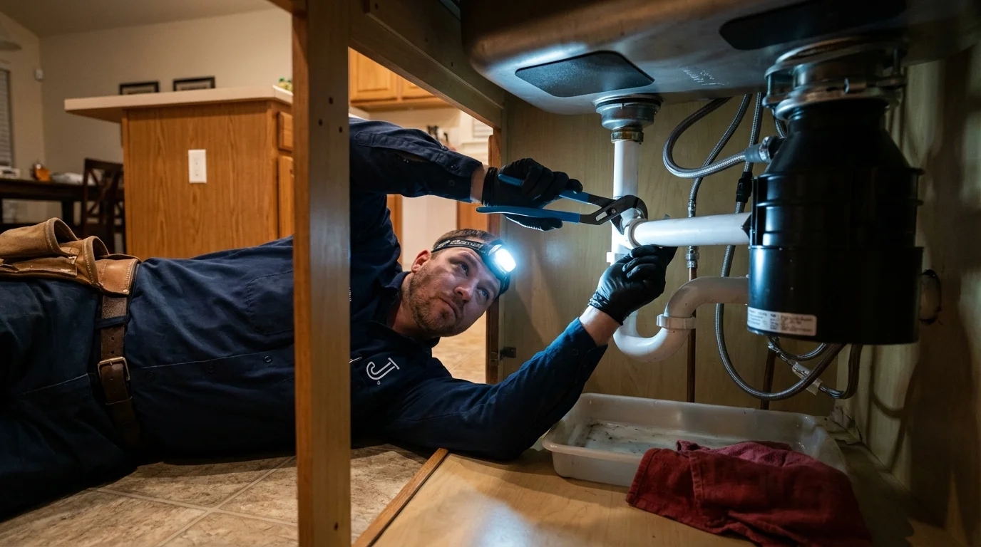 P-trap and supply line connections under a kitchen sink showing a common leak point in Evansville, IN